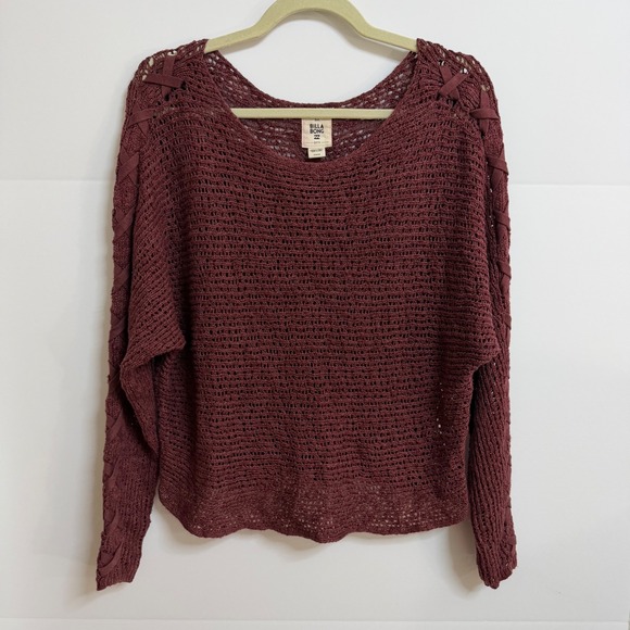 Billabong Sweaters - Billabong Womens Burgundy Open Knit Lace Up Sweater Small Boho Coastal Festival